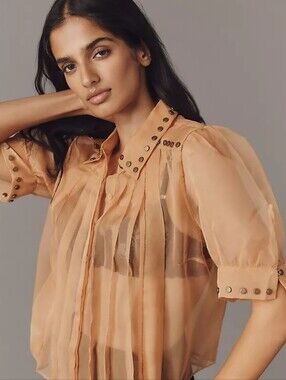 Anthropologie Maeve Sheer Pleated Blouse in Camel